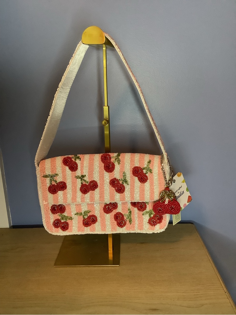 New Pink Beaded Cherry Shoulder Bag with Charm